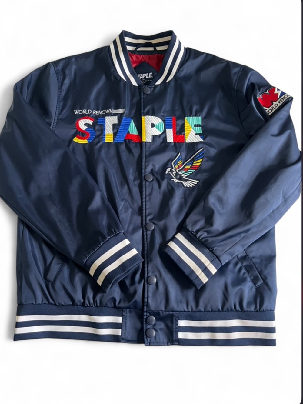 Staple Pigeon Varsity Jacket Men’s L Navy Snap Bomber Embroidered Logo
